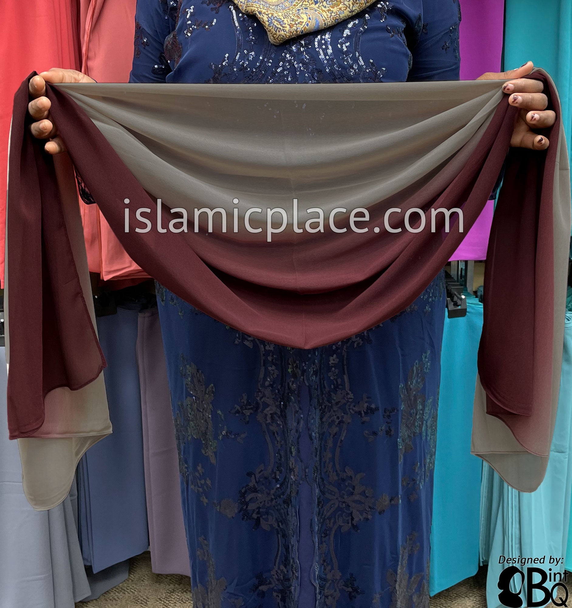 Burgundy and Oyster - Ombre Dye Georgette Shayla Long Rectangle Hijab 28"x70"