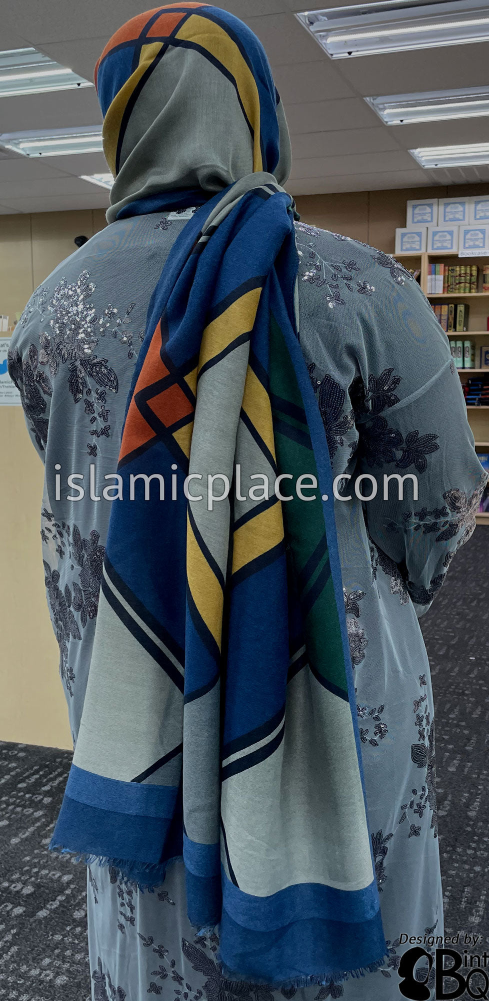 Navy Blue, Denim Blue, Islamic Green, Gray and Tan - Overlapping Squares Soft Viscose Printed Shayla Long Rectangle Hijab 34&quot;x72&quot;