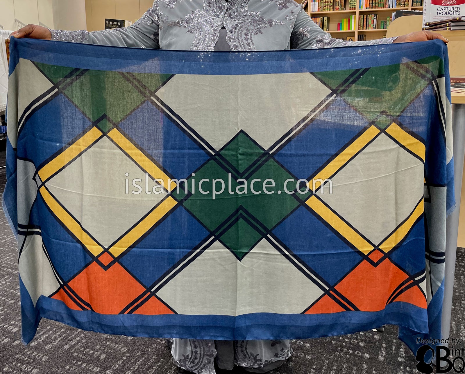 Navy Blue, Denim Blue, Islamic Green, Gray and Tan - Overlapping Squares Soft Viscose Printed Shayla Long Rectangle Hijab 34"x72"