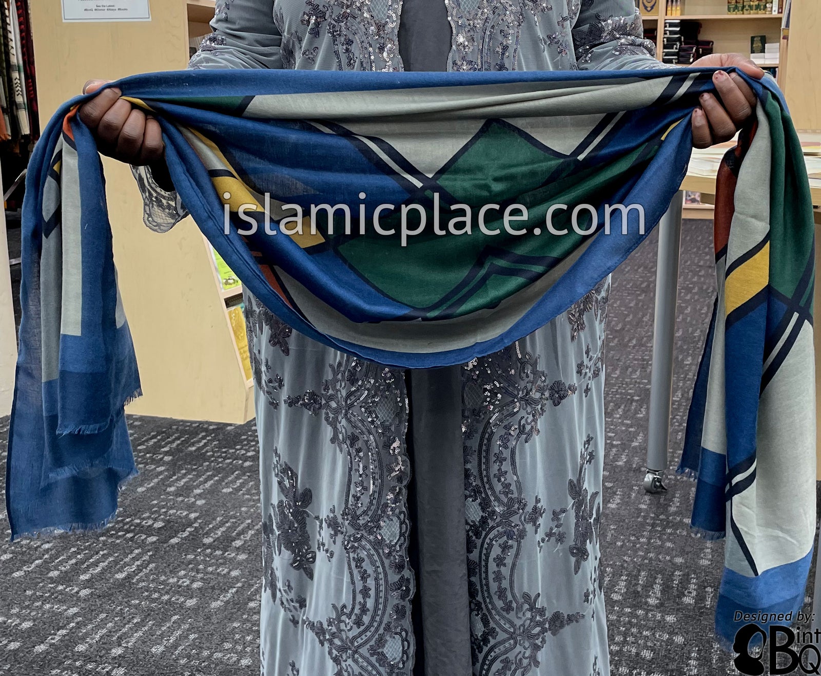 Navy Blue, Denim Blue, Islamic Green, Gray and Tan - Overlapping Squares Soft Viscose Printed Shayla Long Rectangle Hijab 34"x72"