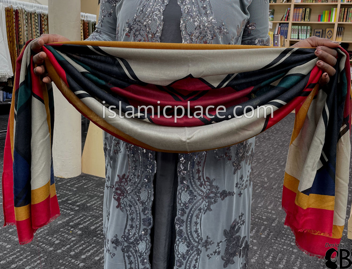 Red, Mustard, Burgundy, Gray, Oyster, Green and Navy Blue - Overlapping Squares Soft Viscose Printed Shayla Long Rectangle Hijab 34"x72"