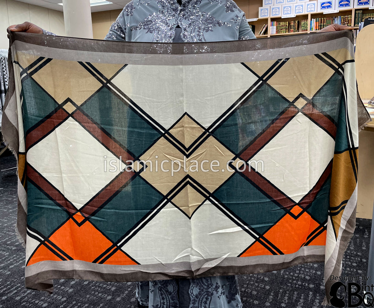Brown, Gray, Oyster, Tan, Green and Pumpkin Spice - Overlapping Squares Soft Viscose Printed Shayla Long Rectangle Hijab 34"x72"