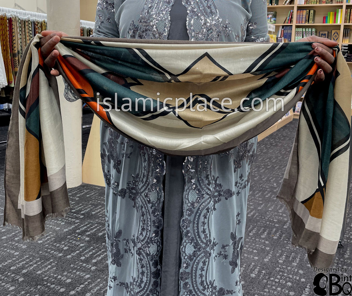 Brown, Gray, Oyster, Tan, Green and Pumpkin Spice - Overlapping Squares Soft Viscose Printed Shayla Long Rectangle Hijab 34"x72"