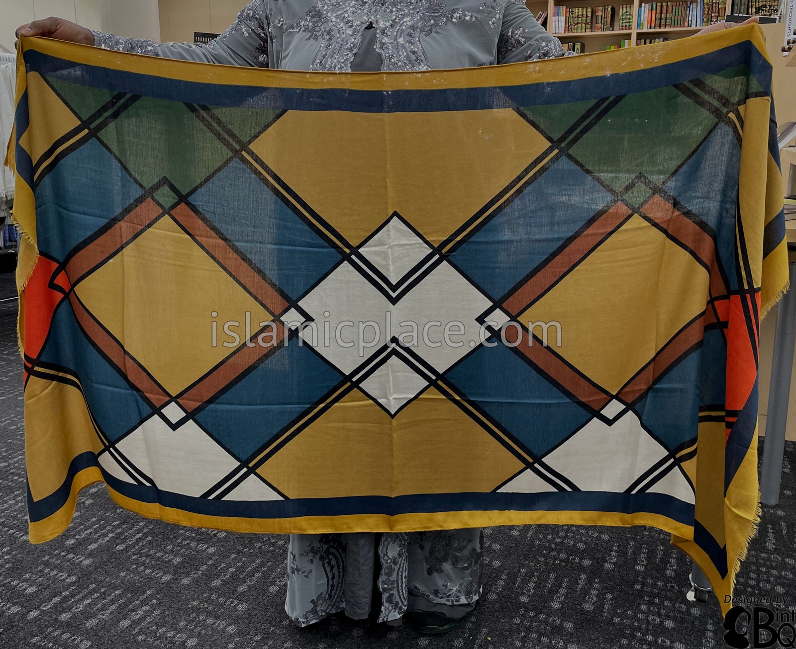 Mustard, Navy Blue, Orange, Off-White and Green - Overlapping Squares Soft Viscose Printed Shayla Long Rectangle Hijab 34"x72"