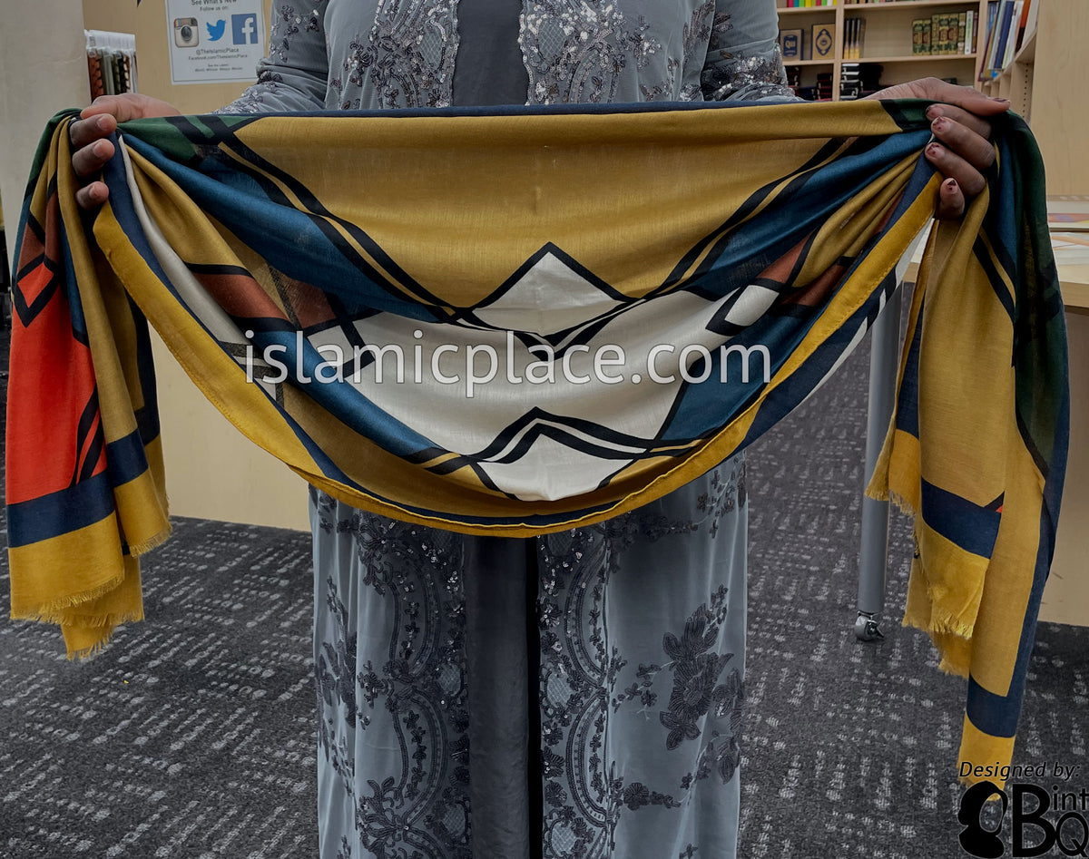 Mustard, Navy Blue, Orange, Off-White and Green - Overlapping Squares Soft Viscose Printed Shayla Long Rectangle Hijab 34"x72"