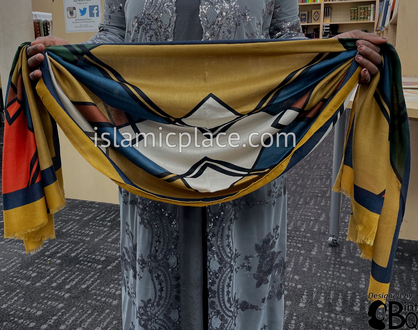 Mustard, Navy Blue, Orange, Off-White and Green - Overlapping Squares Soft Viscose Printed Shayla Long Rectangle Hijab 34"x72"