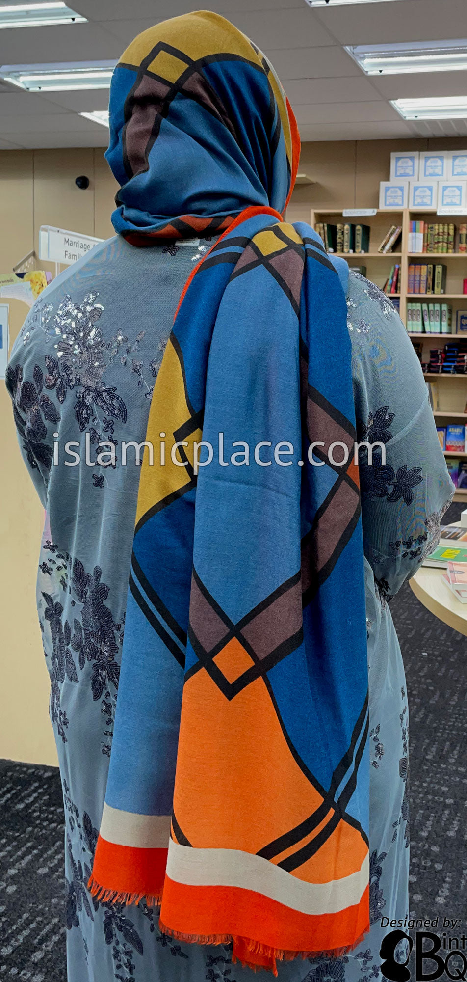 Fire Orange, Oyster, Orange, Brick Red and Navy Blue - Overlapping Squares Soft Viscose Printed Shayla Long Rectangle Hijab 34"x72"