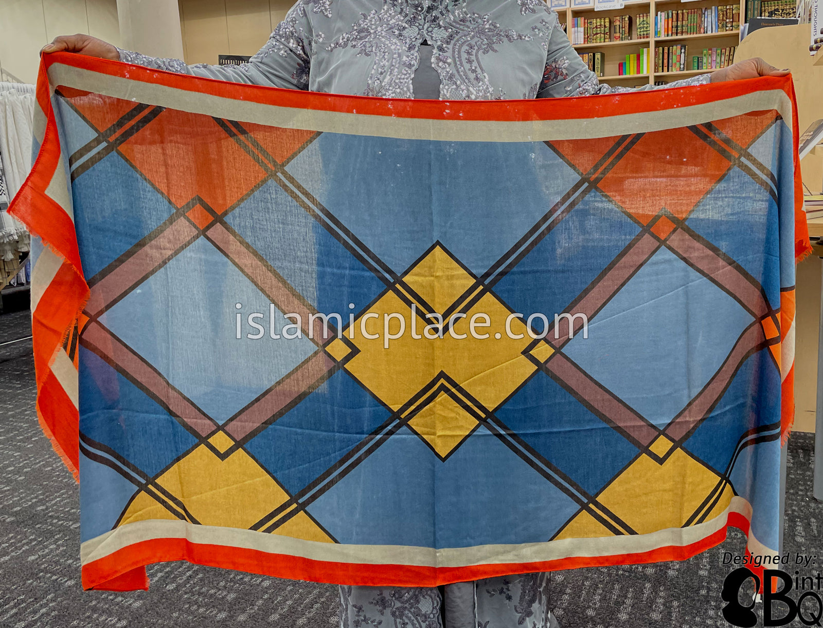 Fire Orange, Oyster, Orange, Brick Red and Navy Blue - Overlapping Squares Soft Viscose Printed Shayla Long Rectangle Hijab 34"x72"