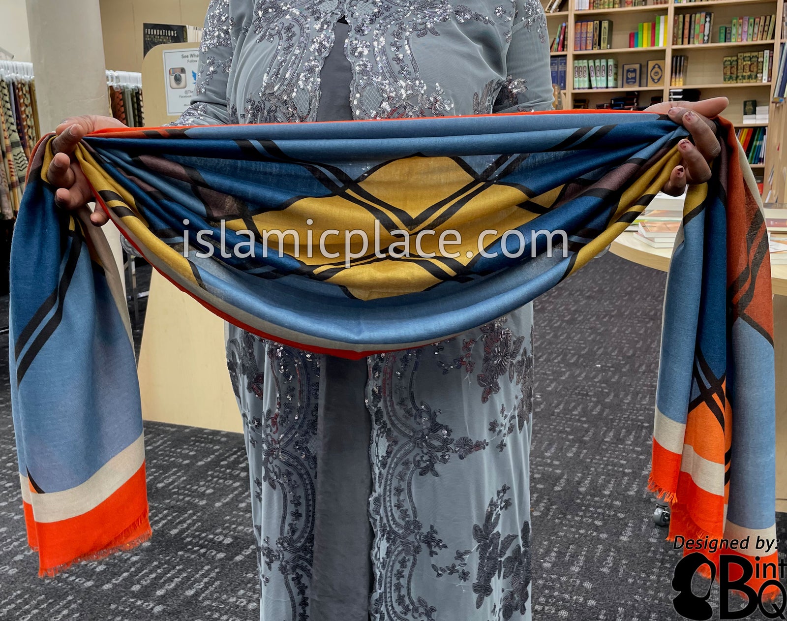 Fire Orange, Oyster, Orange, Brick Red and Navy Blue - Overlapping Squares Soft Viscose Printed Shayla Long Rectangle Hijab 34"x72"