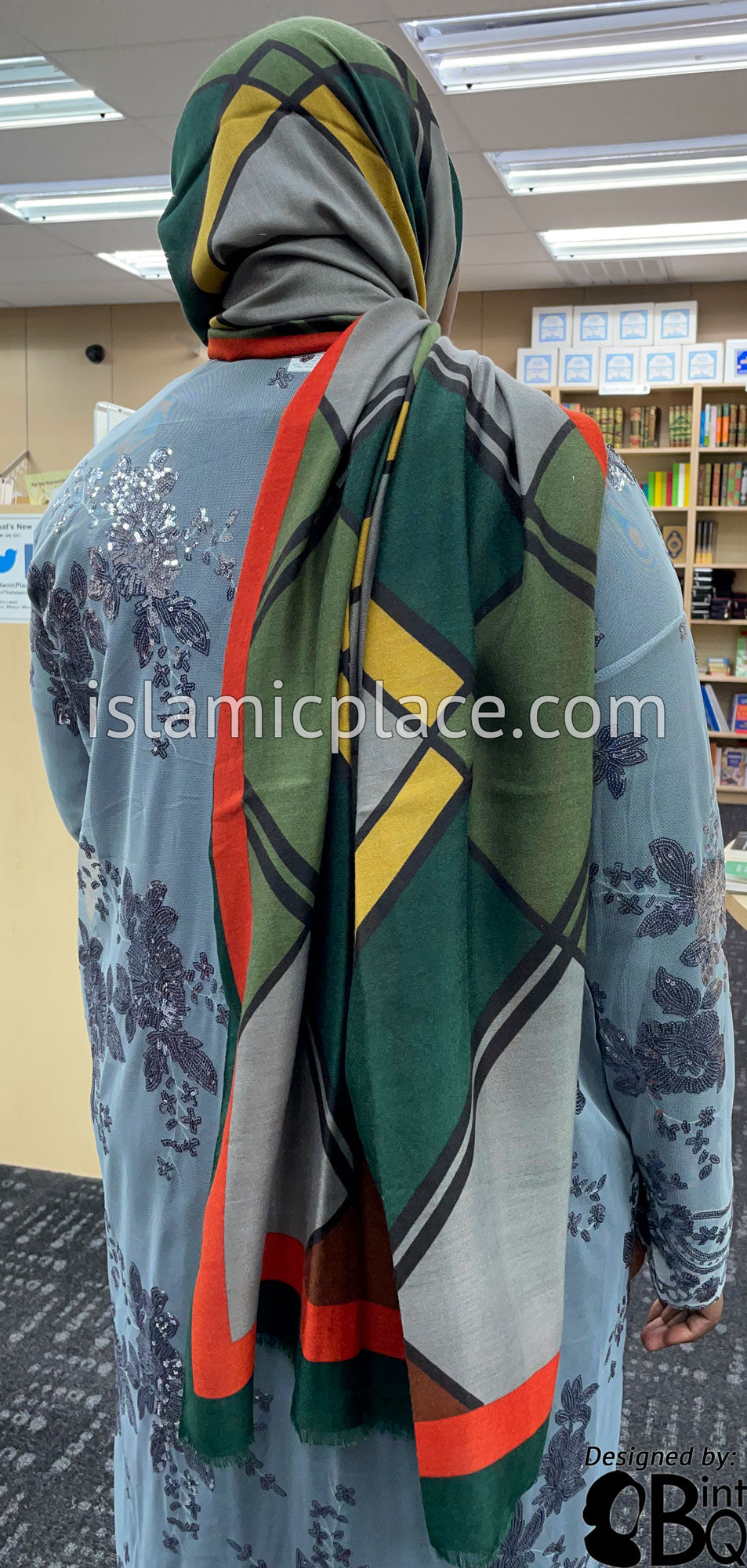 Islamic Green, Red, Olive Green, Mustard and Gray - Overlapping Squares Soft Viscose Printed Shayla Long Rectangle Hijab 34"x72"