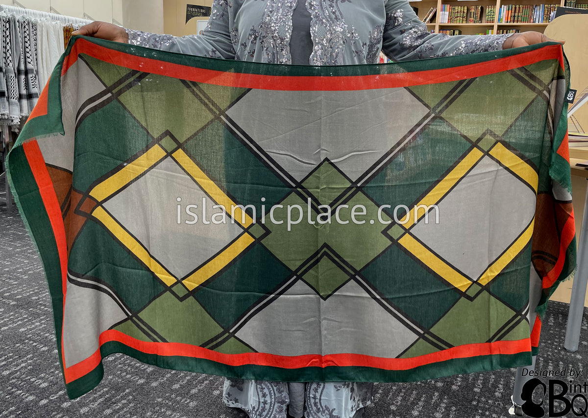 Islamic Green, Red, Olive Green, Mustard and Gray - Overlapping Squares Soft Viscose Printed Shayla Long Rectangle Hijab 34"x72"