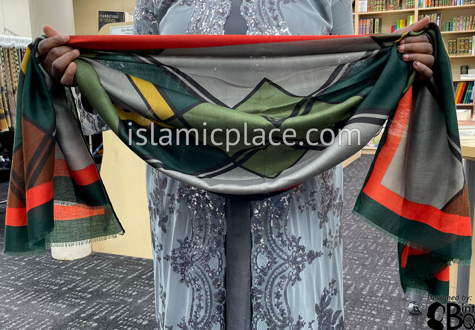 Islamic Green, Red, Olive Green, Mustard and Gray - Overlapping Squares Soft Viscose Printed Shayla Long Rectangle Hijab 34"x72"