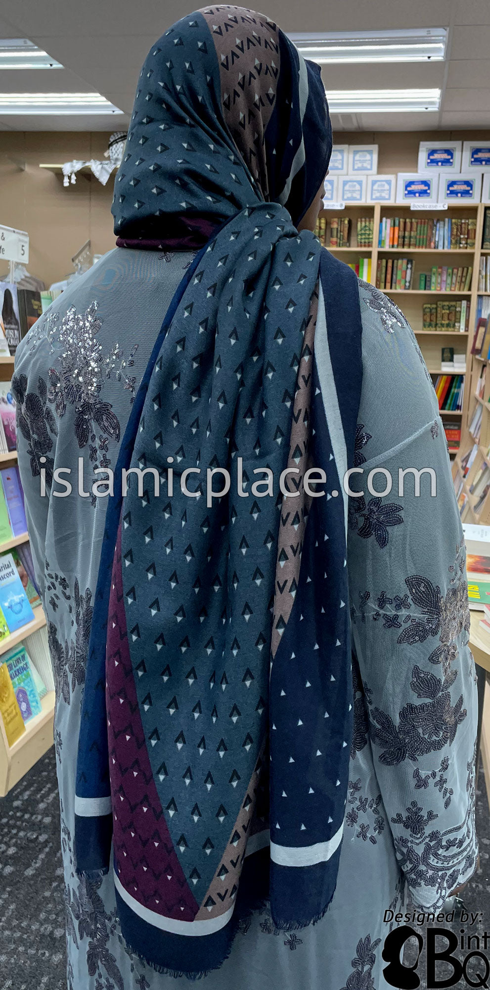 Navy Blue, Mauve, Eggplant and Graphite Gray - Triangular Pattern Soft Viscose Printed Shayla Long Rectangle Hijab 34&quot;x72&quot;