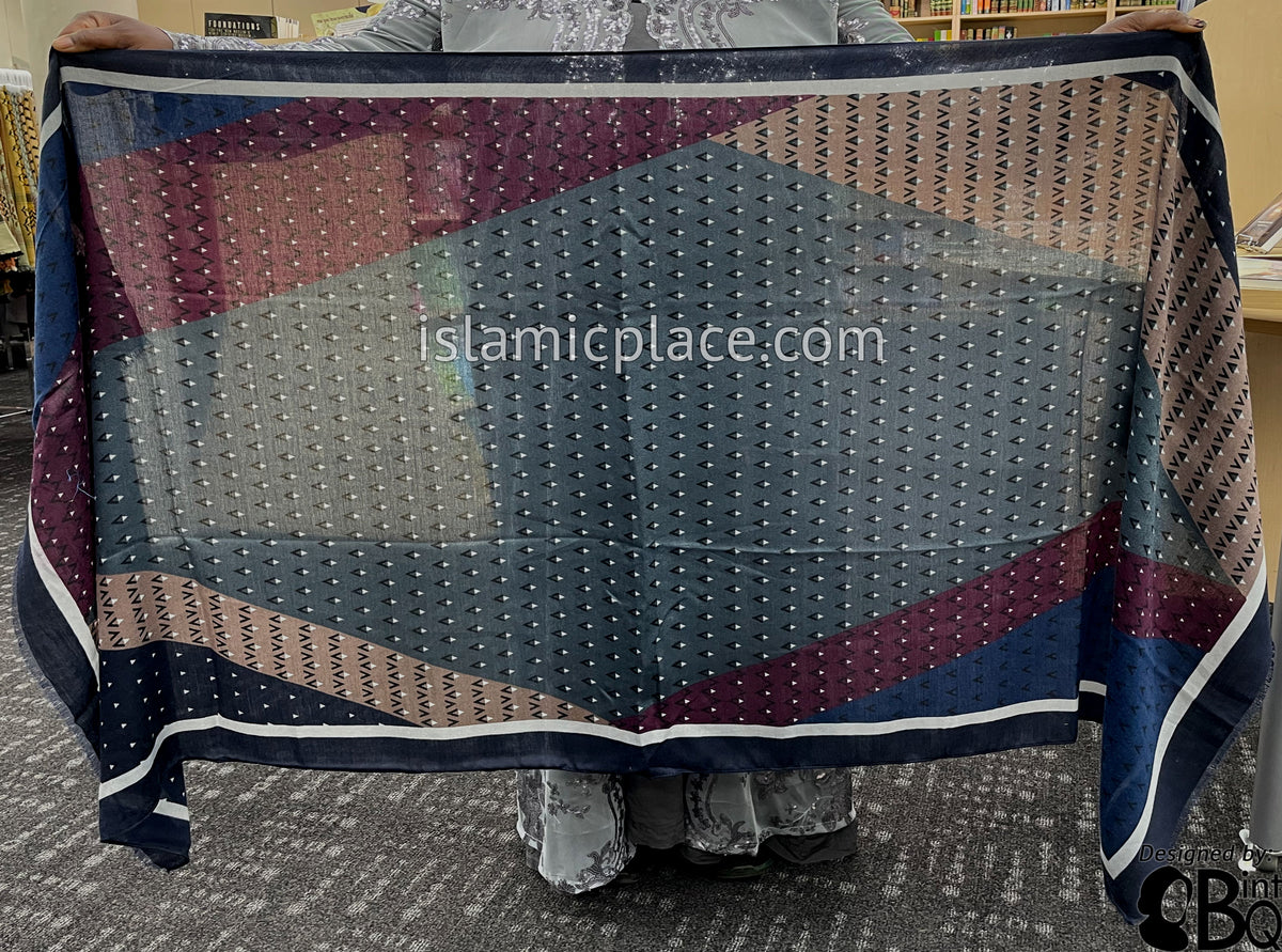 Navy Blue, Mauve, Eggplant and Graphite Gray - Triangular Pattern Soft Viscose Printed Shayla Long Rectangle Hijab 34"x72"
