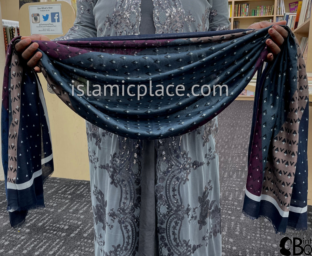 Navy Blue, Mauve, Eggplant and Graphite Gray - Triangular Pattern Soft Viscose Printed Shayla Long Rectangle Hijab 34"x72"