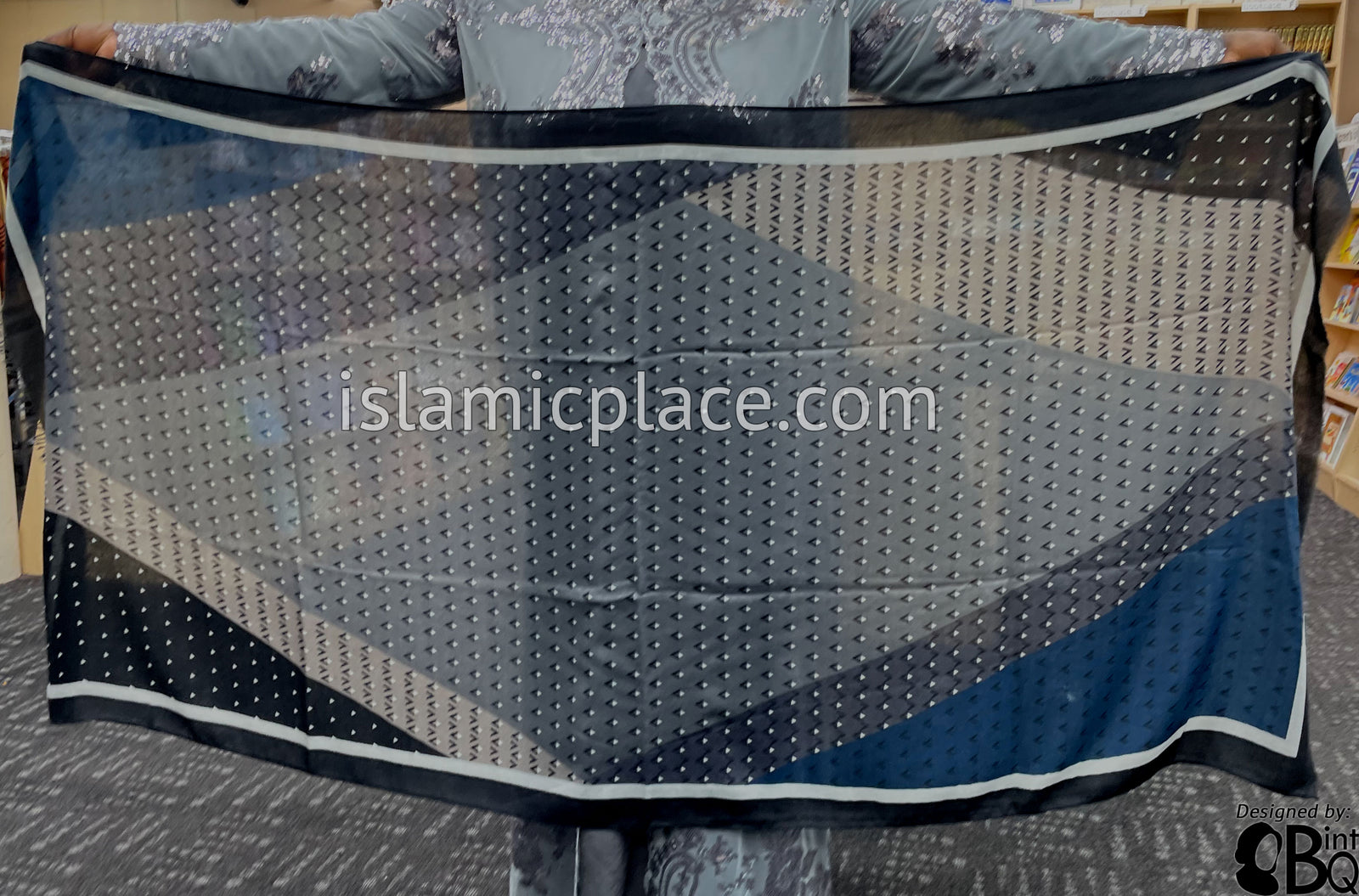 Black, Charcoal Gray, Graphite Gray and Silver - Triangular Pattern Soft Viscose Printed Shayla Long Rectangle Hijab 34"x72"