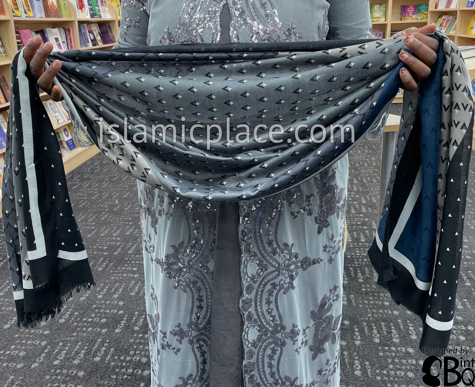 Black, Charcoal Gray, Graphite Gray and Silver - Triangular Pattern Soft Viscose Printed Shayla Long Rectangle Hijab 34"x72"