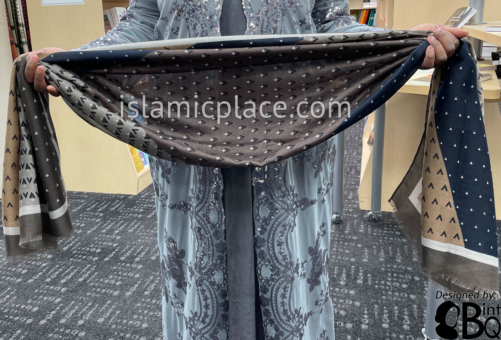 Bark, Gray, Navy Blue, Chocolate Brown and Mocha - Triangular Pattern Soft Viscose Printed Shayla Long Rectangle Hijab 34"x72"