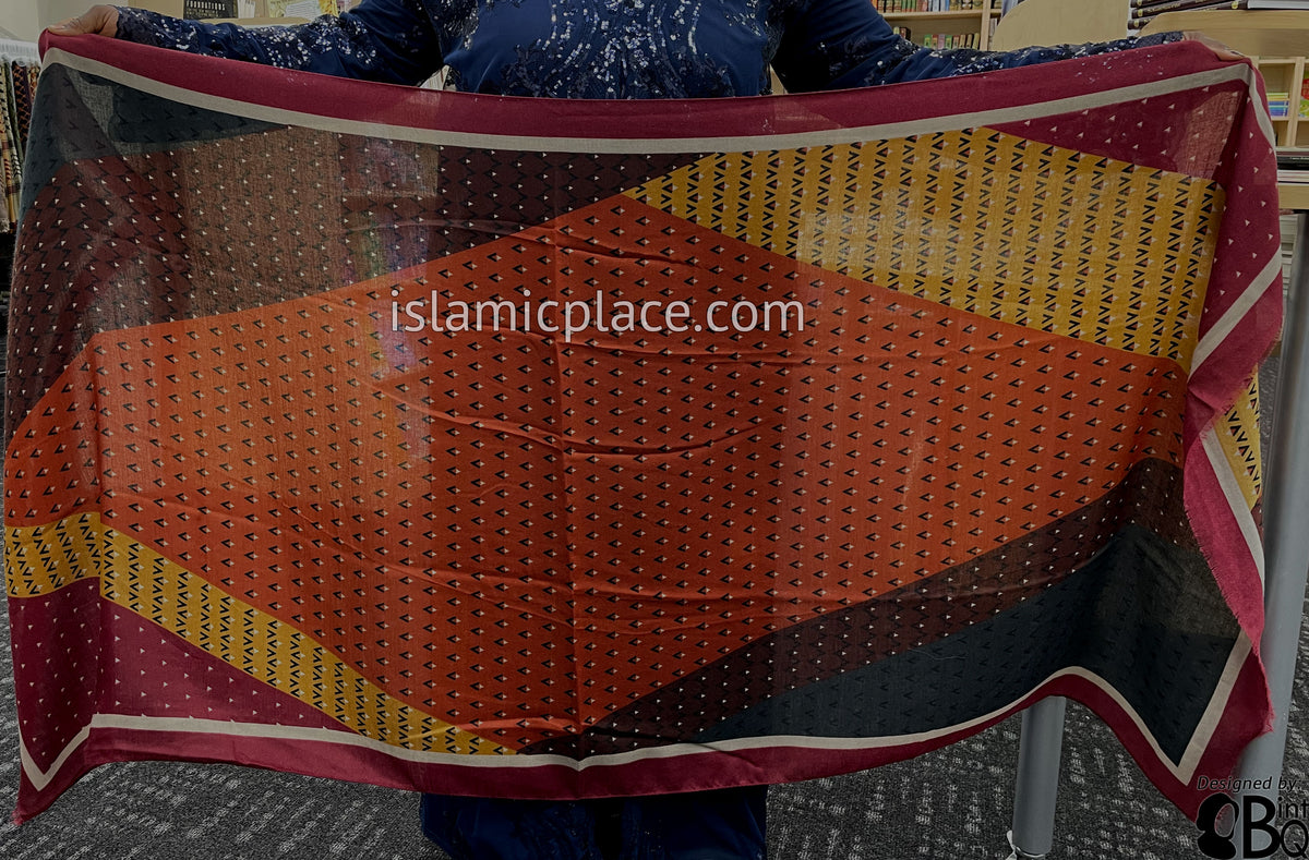 Burgundy, Pumpkin Spice, Brown, Oyster and Rust - Triangular Pattern Soft Viscose Printed Shayla Long Rectangle Hijab 34"x72"