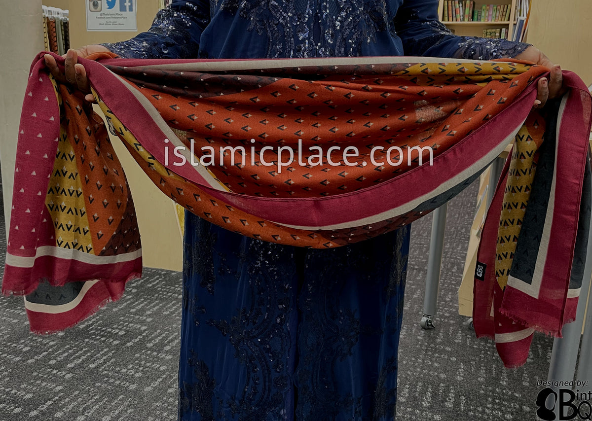 Burgundy, Pumpkin Spice, Brown, Oyster and Rust - Triangular Pattern Soft Viscose Printed Shayla Long Rectangle Hijab 34"x72"