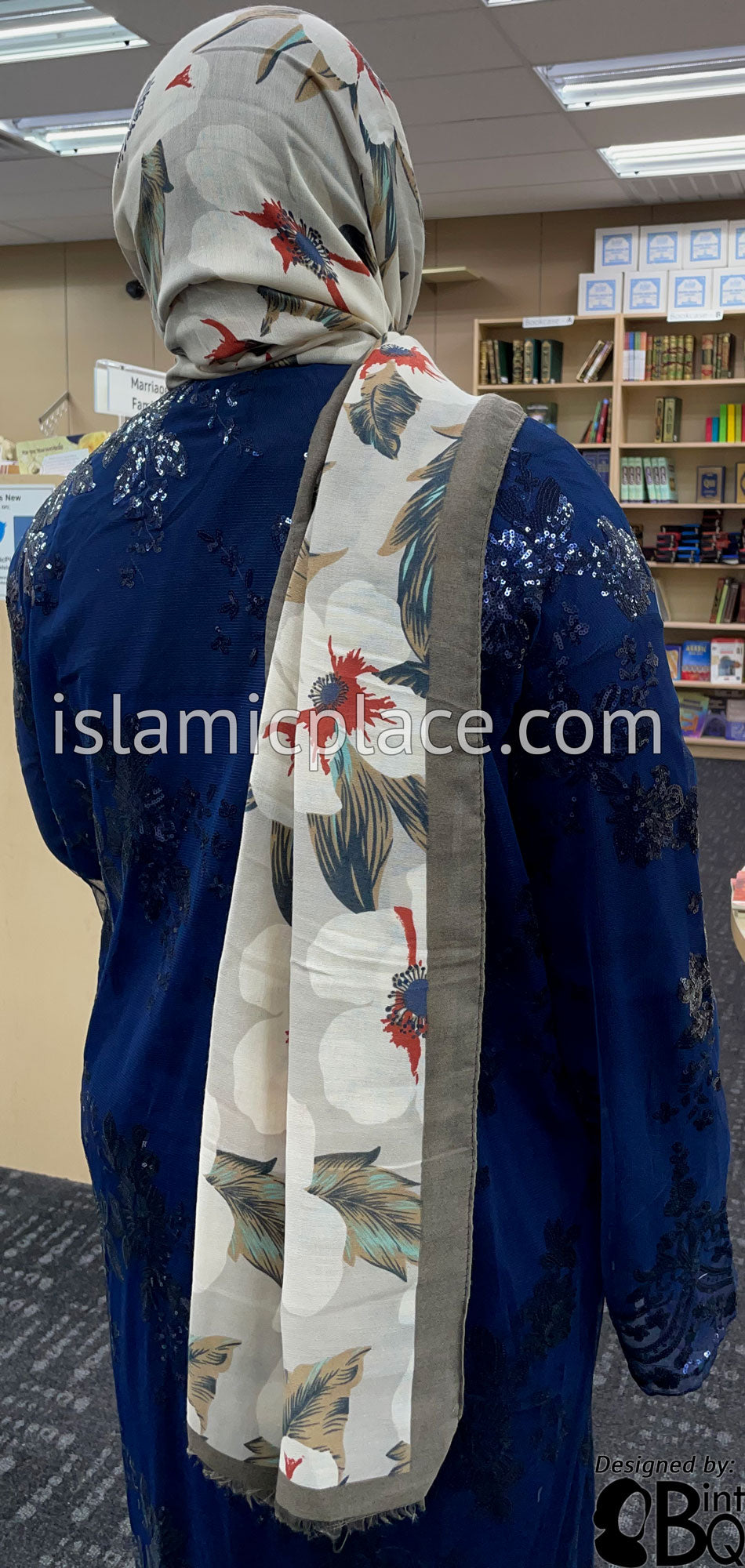 Floral Design on Oyster with Bark Border - Soft Viscose Printed Shayla Long Rectangle Hijab 34&quot;x72&quot;