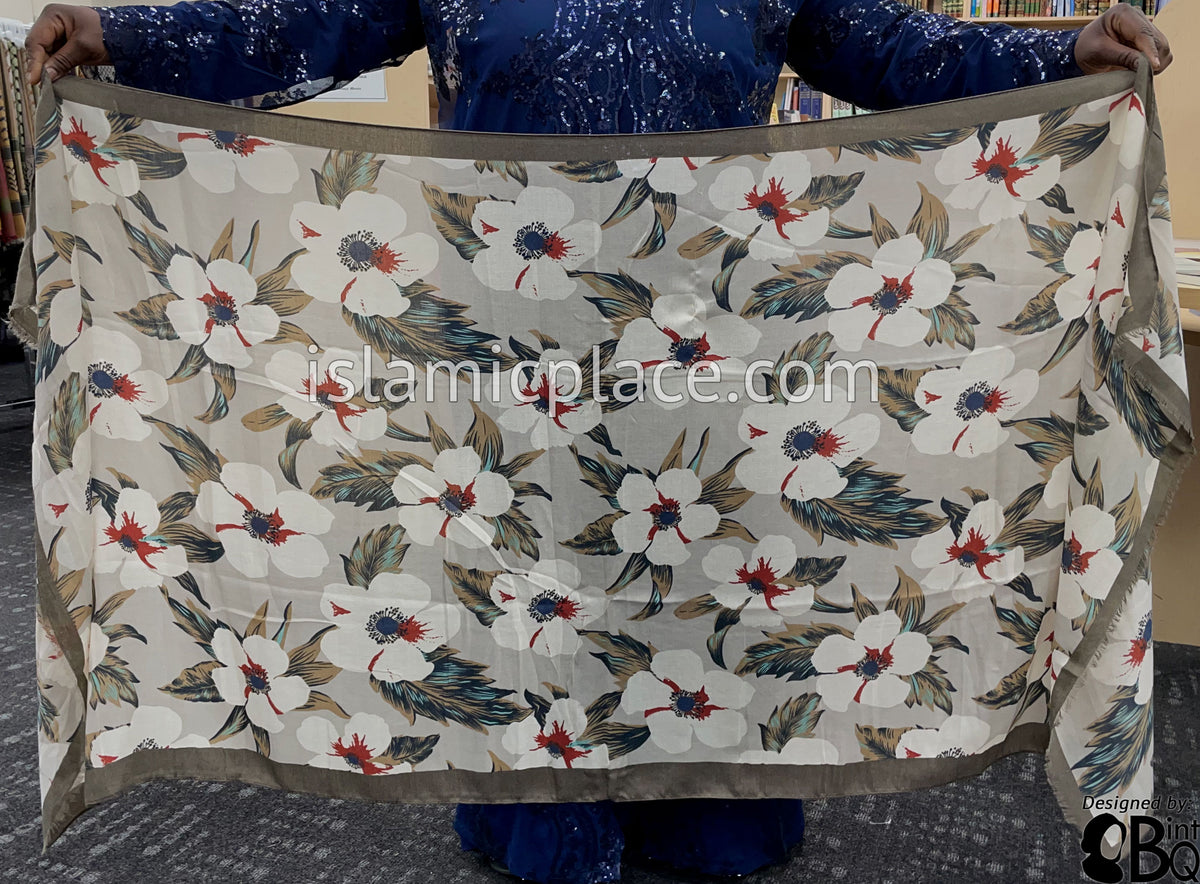 Floral Design on Oyster with Bark Border - Soft Viscose Printed Shayla Long Rectangle Hijab 34"x72"