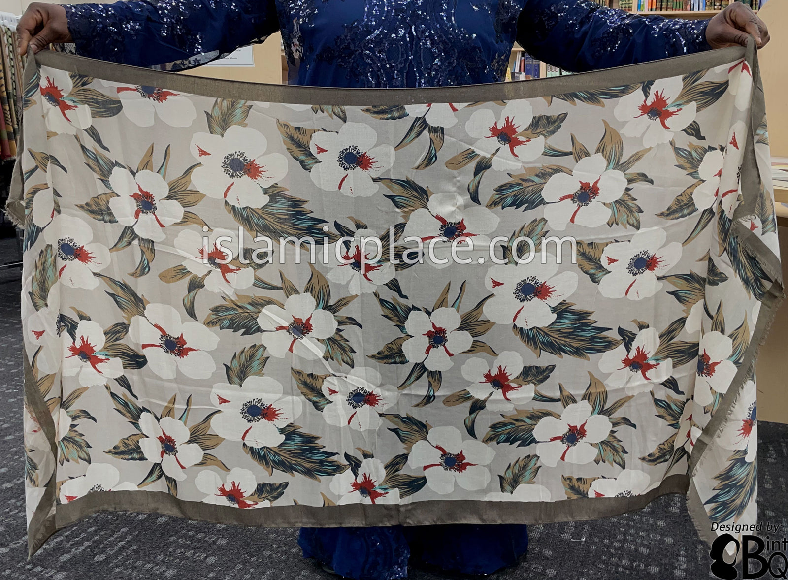 Floral Design on Oyster with Bark Border - Soft Viscose Printed Shayla Long Rectangle Hijab 34"x72"