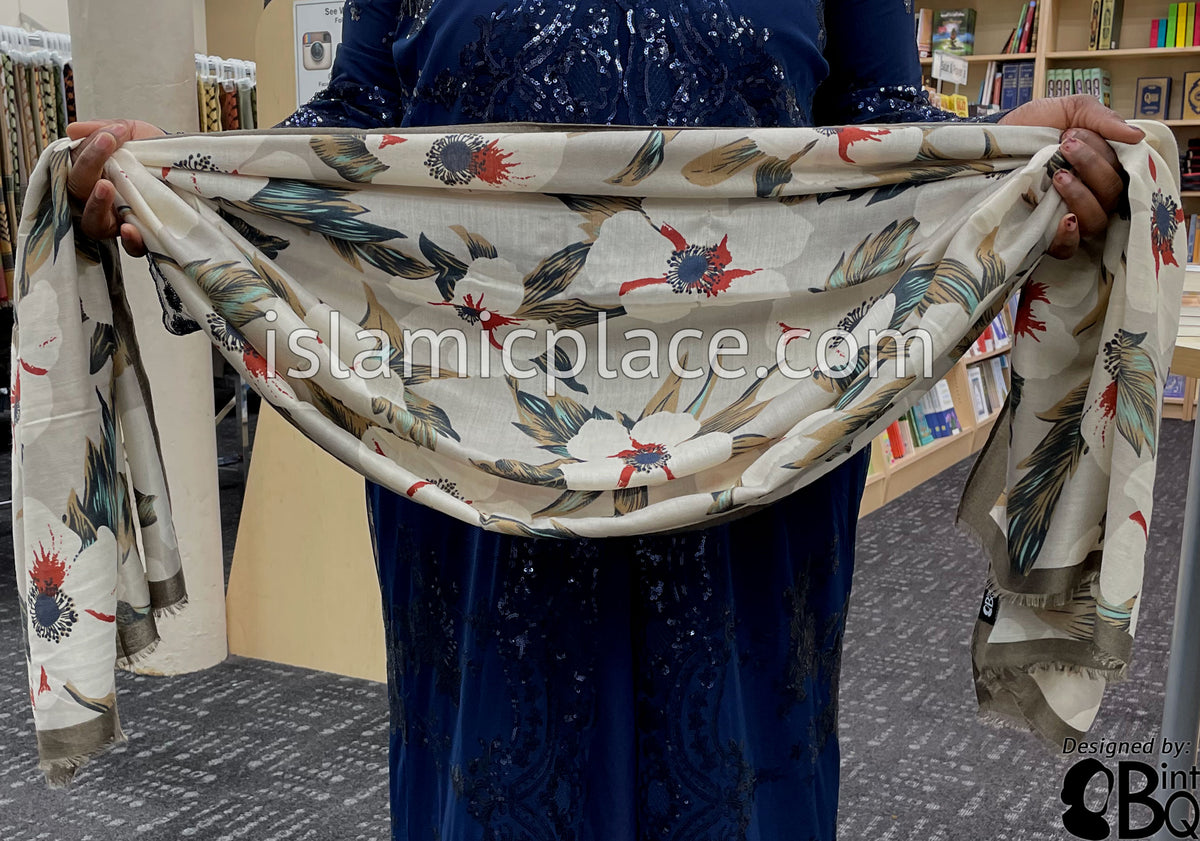 Floral Design on Oyster with Bark Border - Soft Viscose Printed Shayla Long Rectangle Hijab 34"x72"