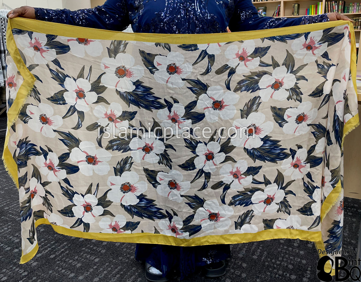 Floral Design on Warm Ivory with Gold Border - Soft Viscose Printed Shayla Long Rectangle Hijab 34"x72"