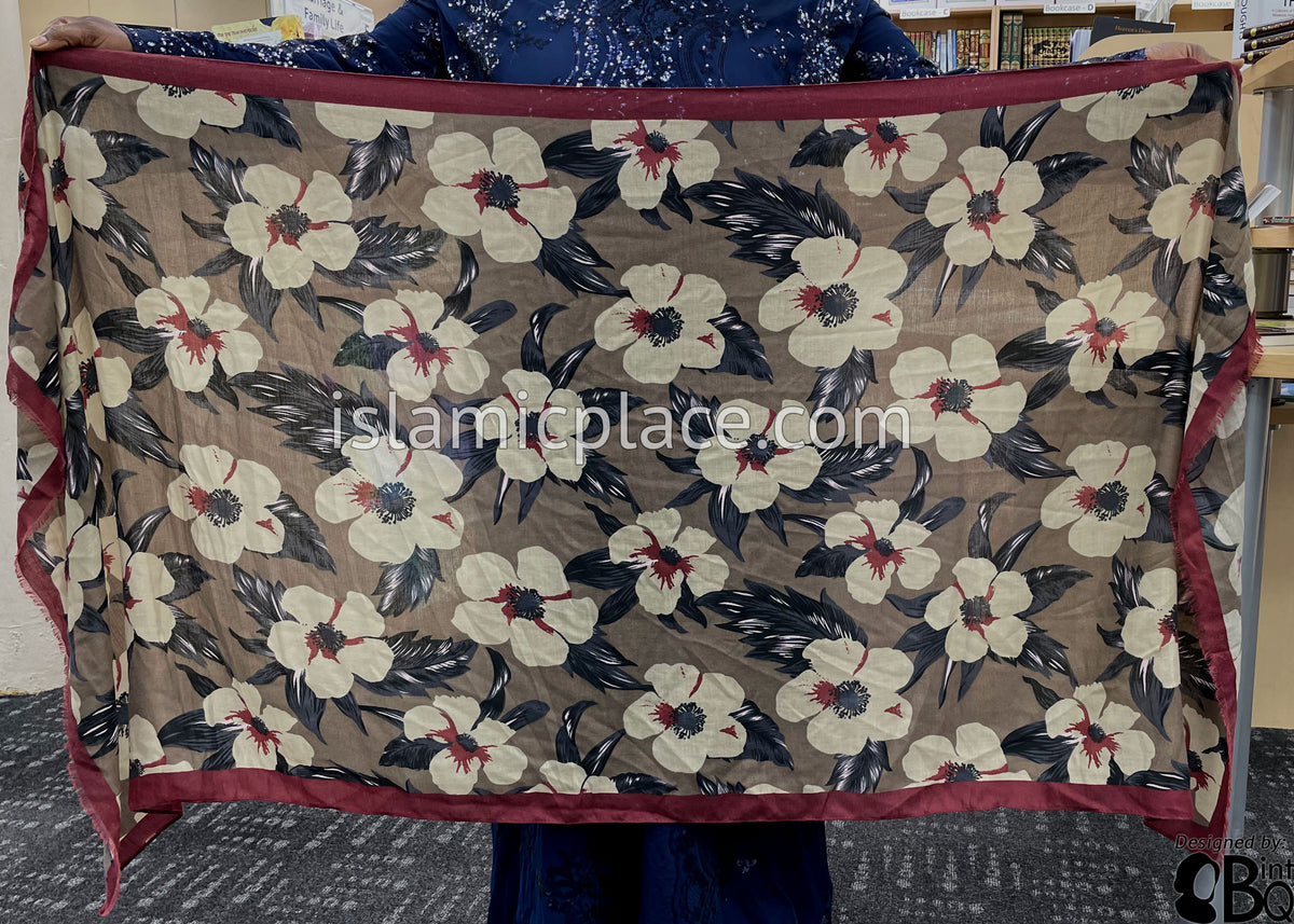Floral Design on Brown with Burgundy Border - Soft Viscose Printed Shayla Long Rectangle Hijab 34"x72"