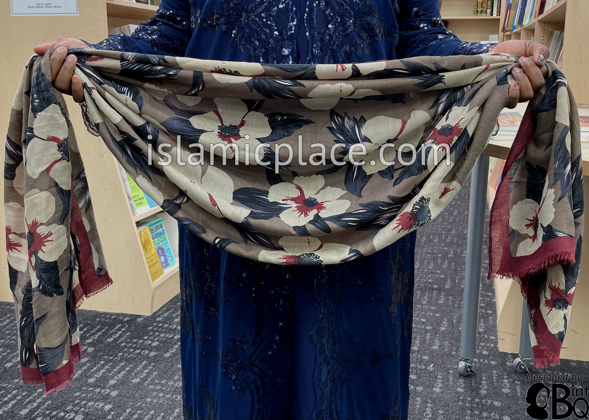 Floral Design on Brown with Burgundy Border - Soft Viscose Printed Shayla Long Rectangle Hijab 34"x72"