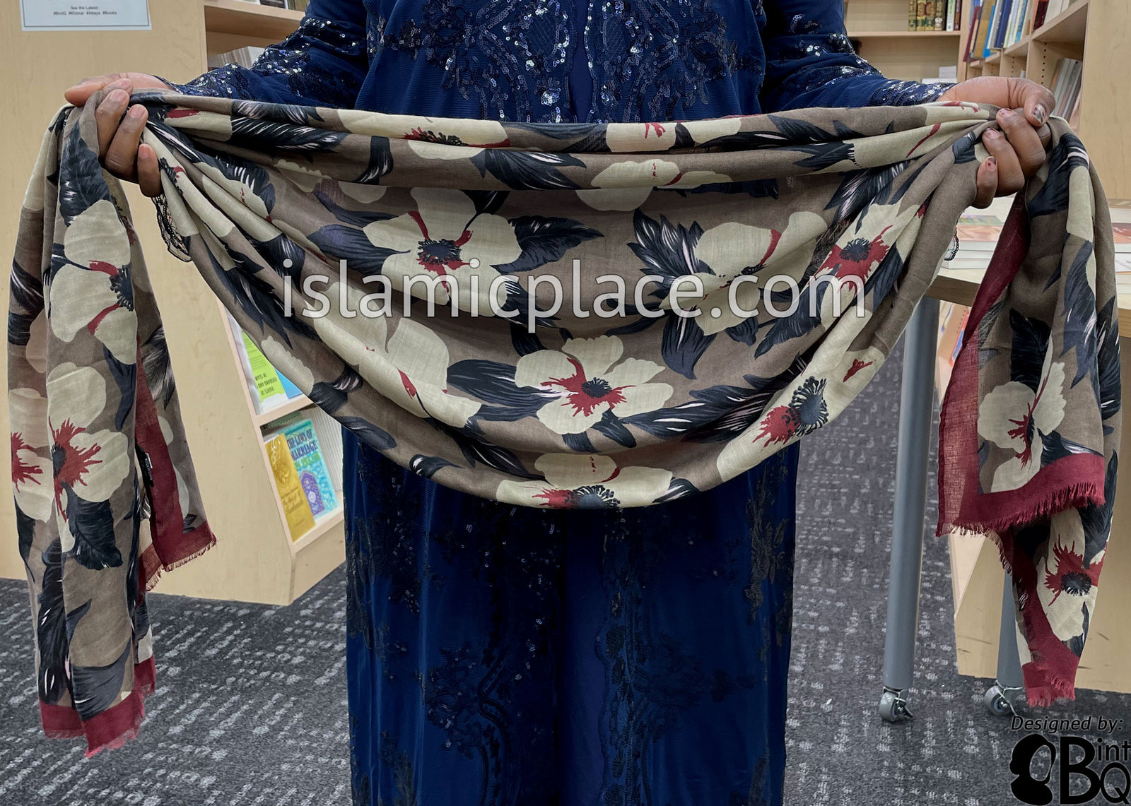 Floral Design on Brown with Burgundy Border - Soft Viscose Printed Shayla Long Rectangle Hijab 34"x72"