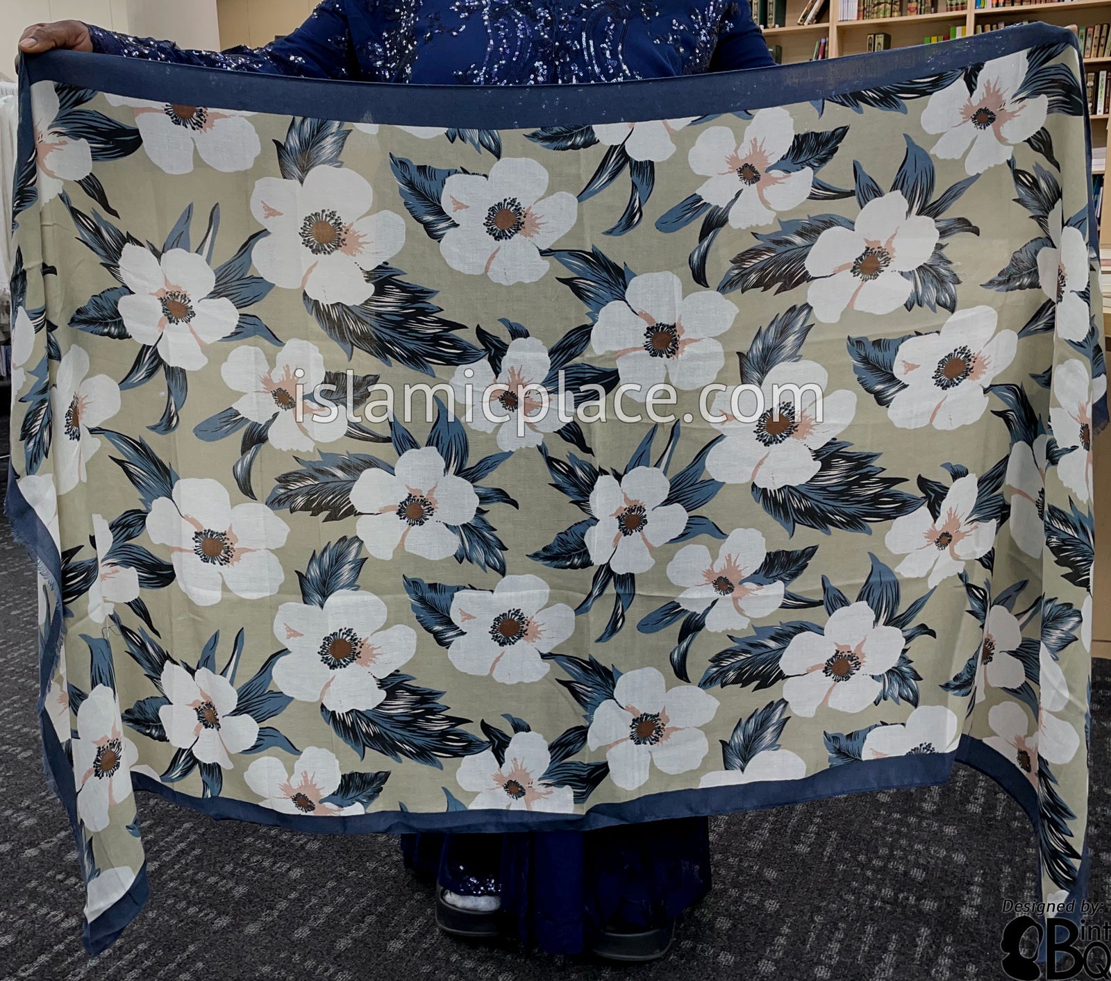 Floral Design on Light Taupe with Navy Border - Soft Viscose Printed Shayla Long Rectangle Hijab 34"x72"