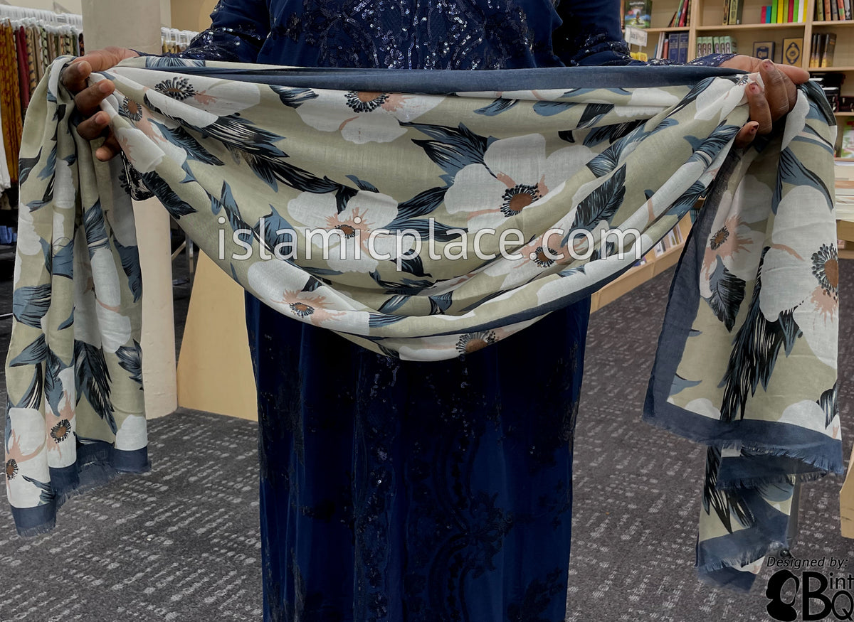 Floral Design on Light Taupe with Navy Border - Soft Viscose Printed Shayla Long Rectangle Hijab 34"x72"