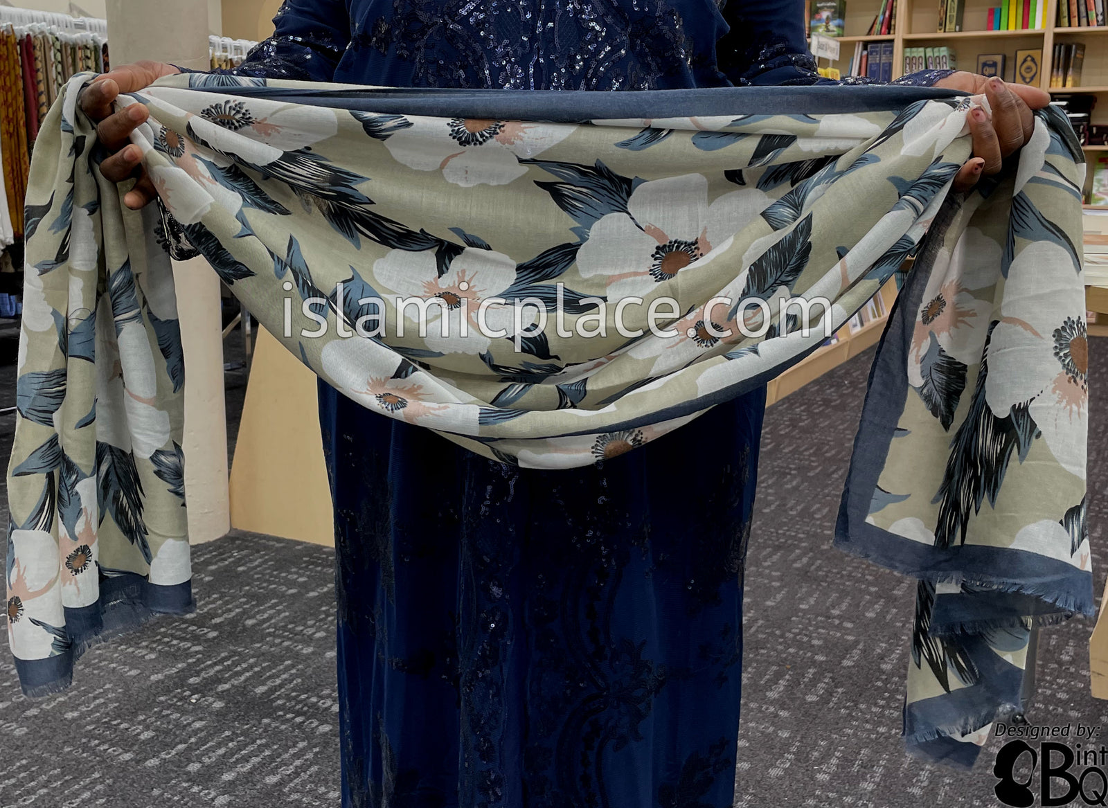 Floral Design on Light Taupe with Navy Border - Soft Viscose Printed Shayla Long Rectangle Hijab 34"x72"