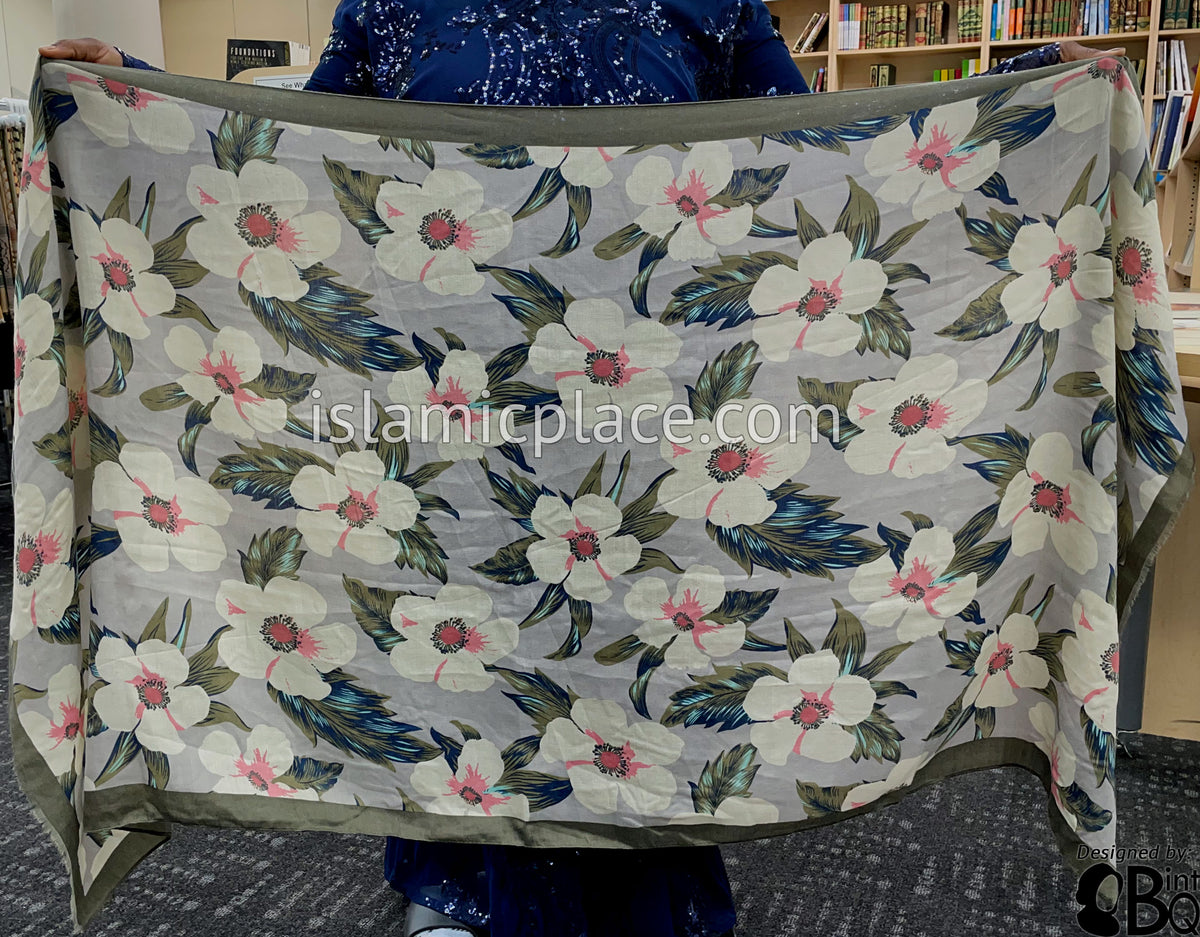 Floral Design on Silver Gray with Olive Green Border - Soft Viscose Printed Shayla Long Rectangle Hijab 34"x72"