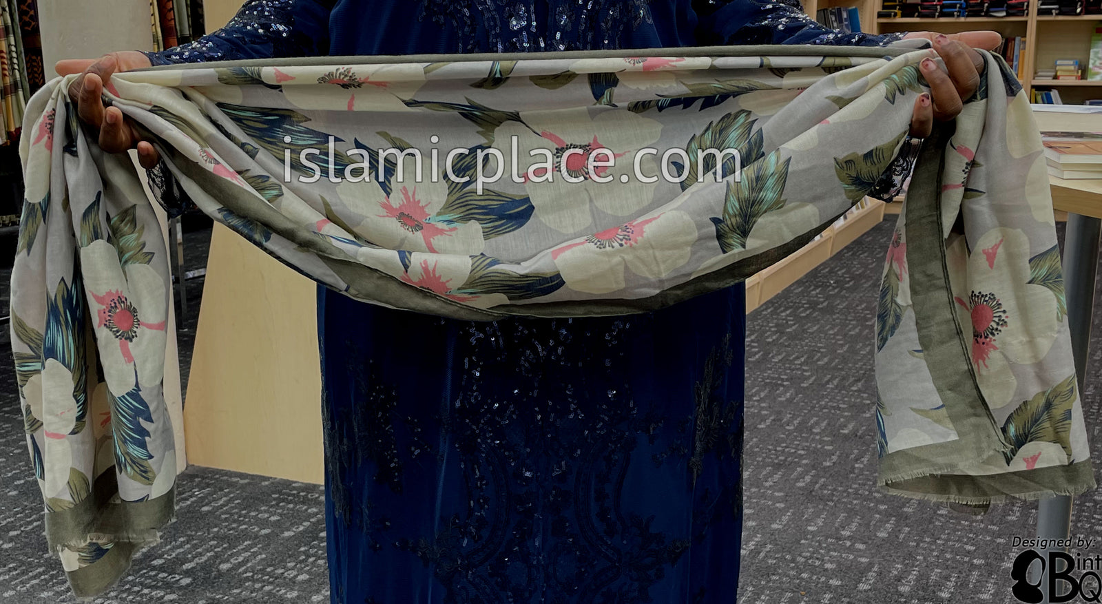 Floral Design on Silver Gray with Olive Green Border - Soft Viscose Printed Shayla Long Rectangle Hijab 34"x72"