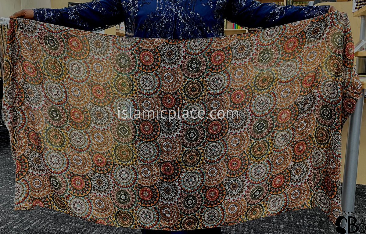 Green, Rust, Orange, Red and Burgundy Stained Glass Design - Soft Viscose Printed Shayla Long Rectangle Hijab 34"x72"