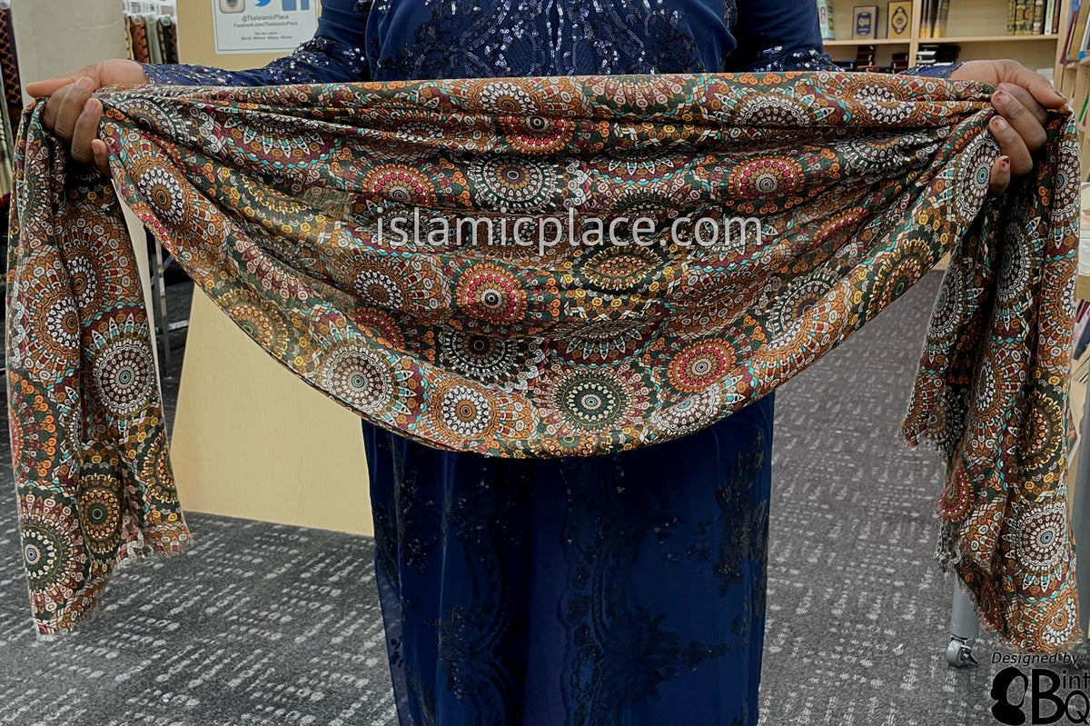 Green, Rust, Orange, Red and Burgundy Stained Glass Design - Soft Viscose Printed Shayla Long Rectangle Hijab 34"x72"