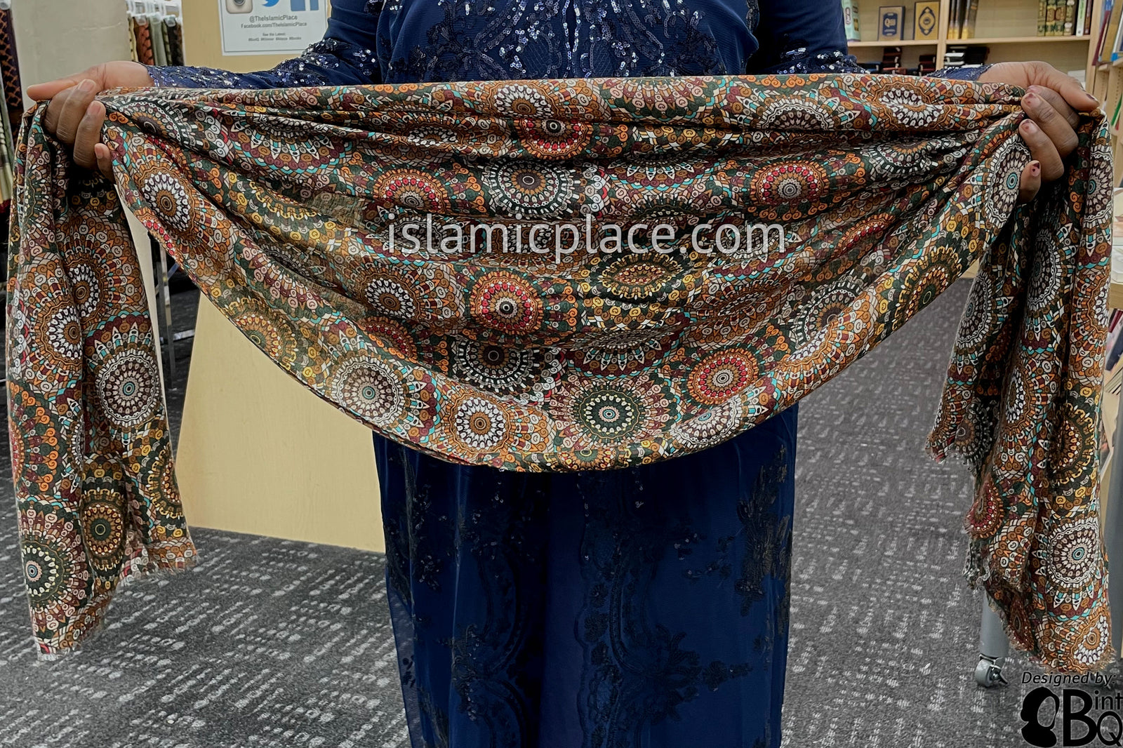 Green, Rust, Orange, Red and Burgundy Stained Glass Design - Soft Viscose Printed Shayla Long Rectangle Hijab 34"x72"