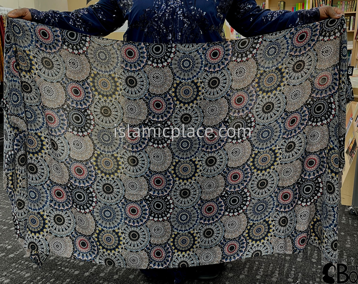 Navy, Silver Gray, Yellow, Pink and Red Stained Glass Design - Soft Viscose Printed Shayla Long Rectangle Hijab 34"x72"