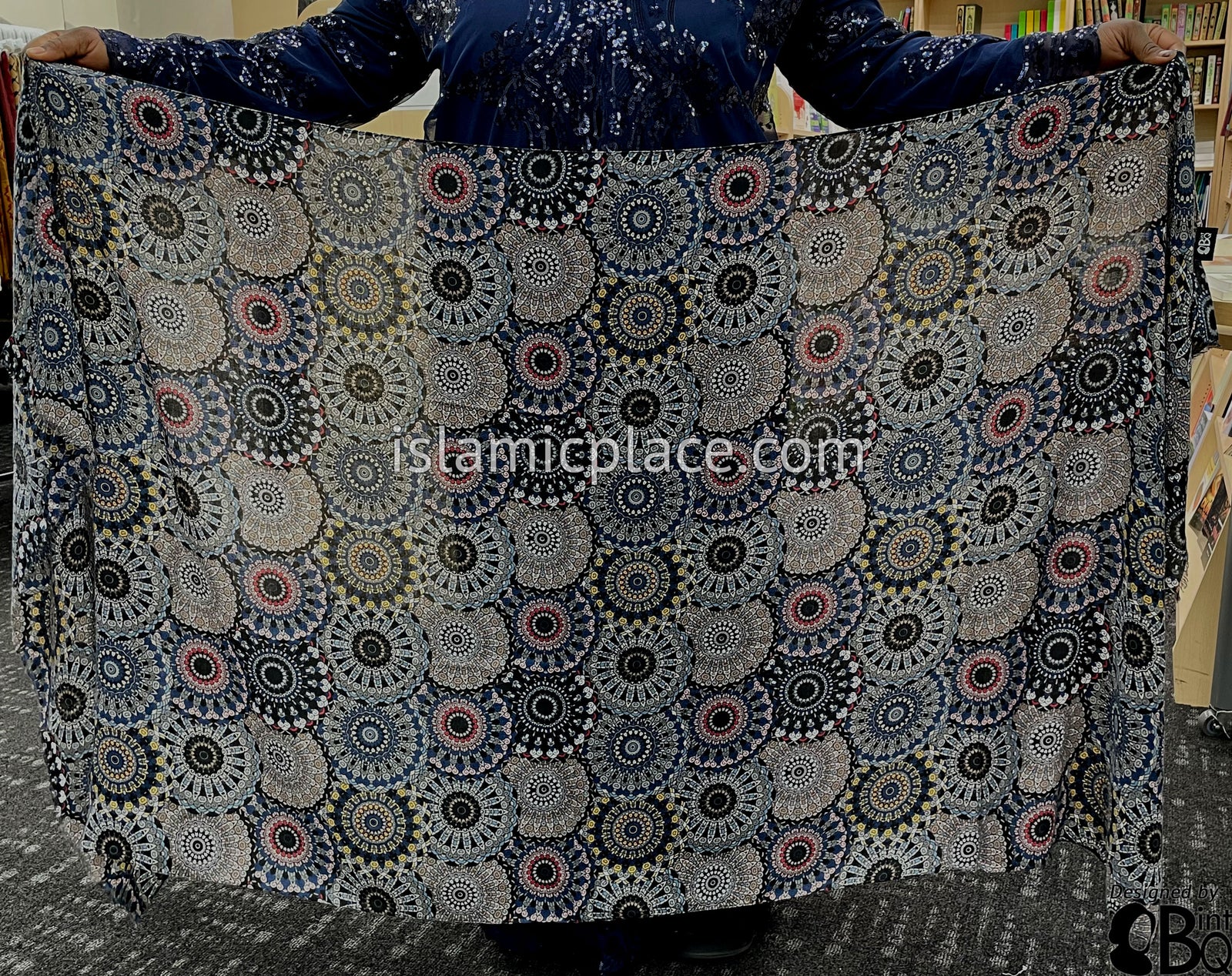 Navy, Silver Gray, Yellow, Pink and Red Stained Glass Design - Soft Viscose Printed Shayla Long Rectangle Hijab 34"x72"