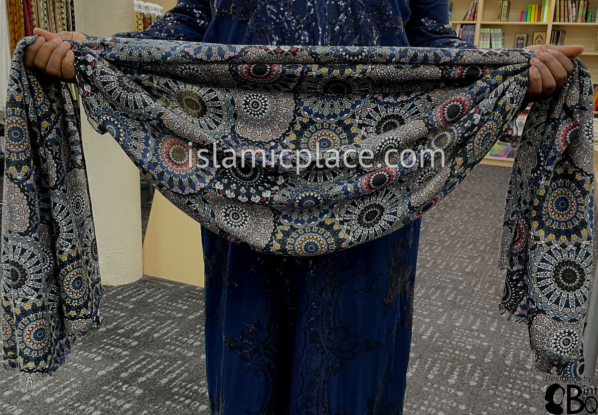 Navy, Silver Gray, Yellow, Pink and Red Stained Glass Design - Soft Viscose Printed Shayla Long Rectangle Hijab 34"x72"