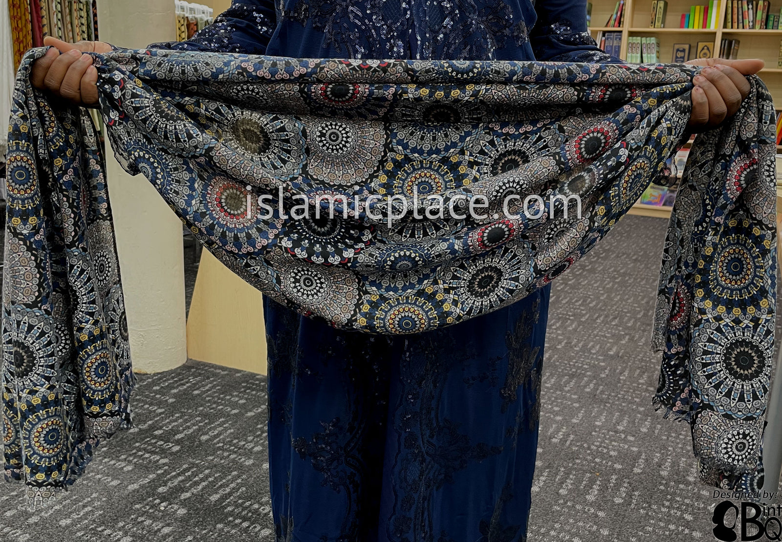 Navy, Silver Gray, Yellow, Pink and Red Stained Glass Design - Soft Viscose Printed Shayla Long Rectangle Hijab 34"x72"