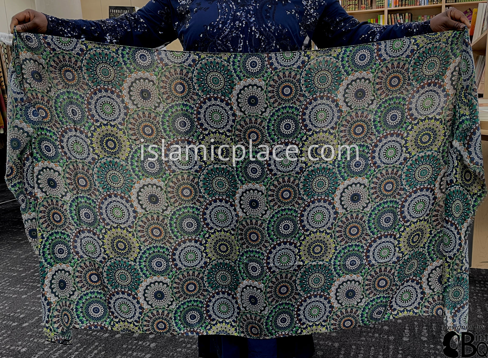 Islamic Green, Brown, Green and Sky Blue Stained Glass Design - Soft Viscose Printed Shayla Long Rectangle Hijab 34"x72"