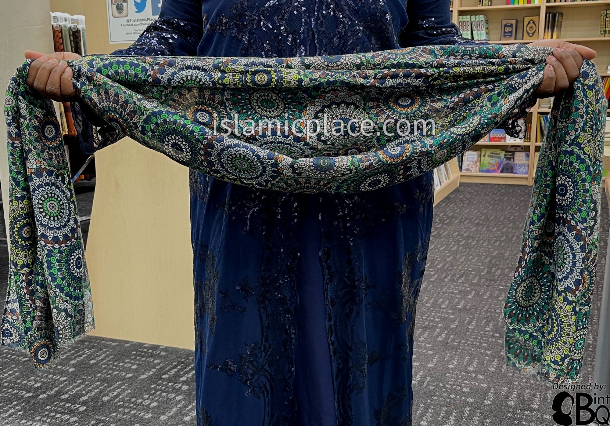 Islamic Green, Brown, Green and Sky Blue Stained Glass Design - Soft Viscose Printed Shayla Long Rectangle Hijab 34"x72"