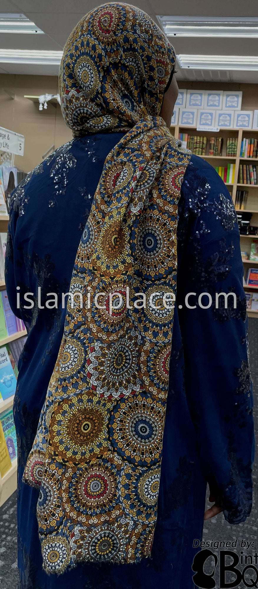 Rust, Navy, Gold, Brown and Burgundy Stained Glass Design - Soft Viscose Printed Shayla Long Rectangle Hijab 34&quot;x72&quot;