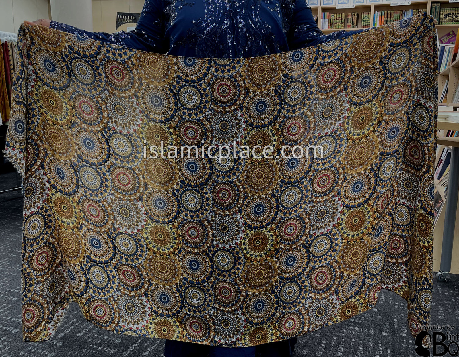 Rust, Navy, Gold, Brown and Burgundy Stained Glass Design - Soft Viscose Printed Shayla Long Rectangle Hijab 34"x72"