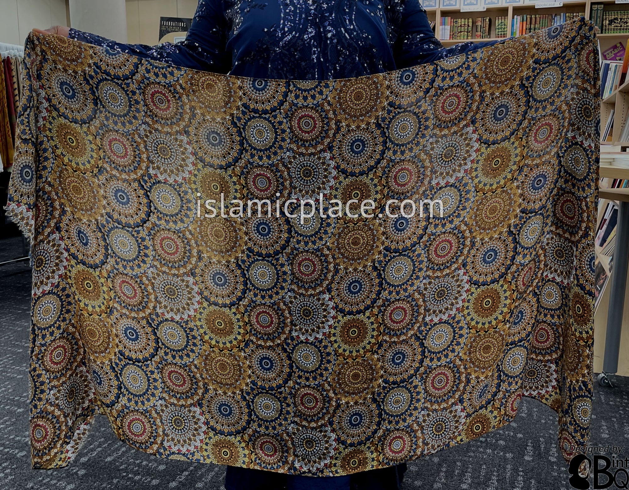 Rust, Navy, Gold, Brown and Burgundy Stained Glass Design - Soft Viscose Printed Shayla Long Rectangle Hijab 34"x72"