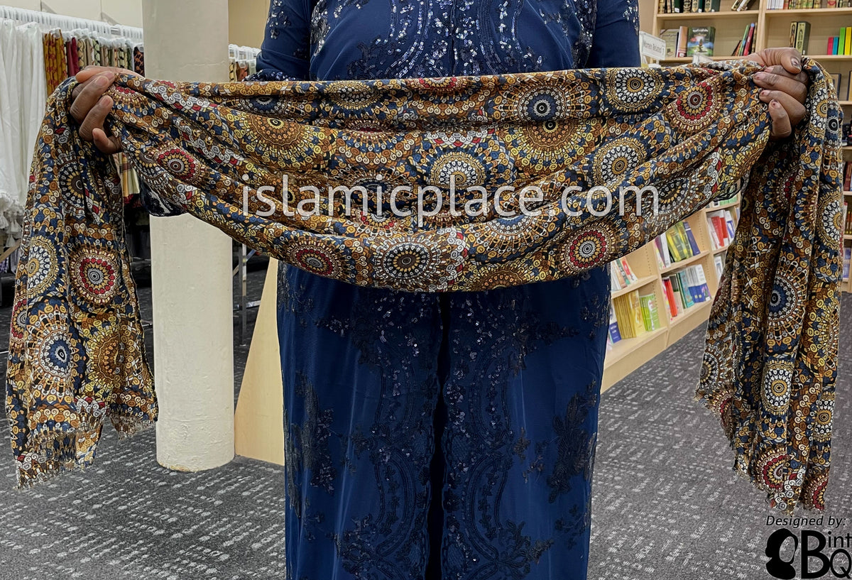 Rust, Navy, Gold, Brown and Burgundy Stained Glass Design - Soft Viscose Printed Shayla Long Rectangle Hijab 34"x72"